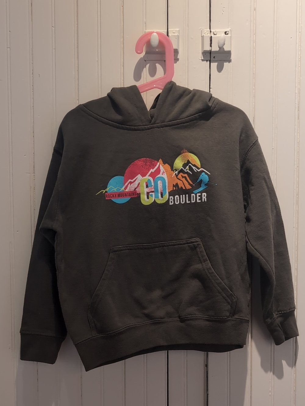 Kids Hooded Sweatshirt - Olive Green"Go Boulder" Graphic